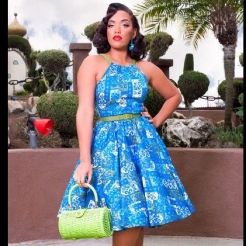 Pinup Girl Clothing Harley dress in Blue Tiki print size Large